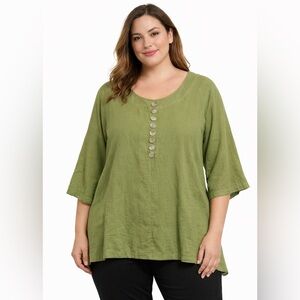 New Fridaze Top Women's‎ XL Kiwi Green Linen Buttons 3/4 Sleeve Blouse